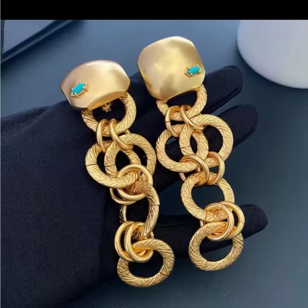 Gold Chain Link Earrings with Turquoise Accent